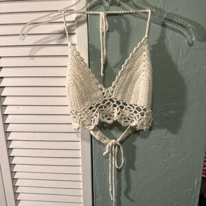 Crochet Halter Crop Top - Cream